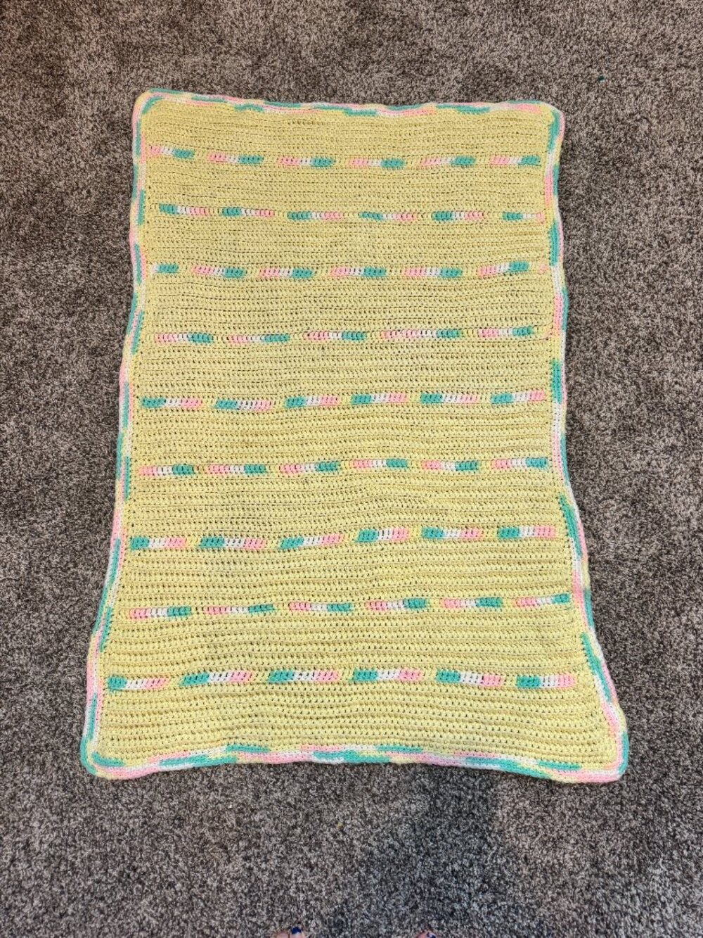 Vintage Handmade Crochet Baby Blanket - Pastel Yellow, Pink & Blue Stripes